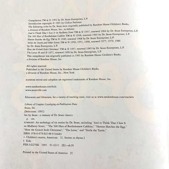 Six by Seuss Book of 6 Stories by Dr. Seuss Book Hardcover Illustrated 1991 - Picture 9 of 11